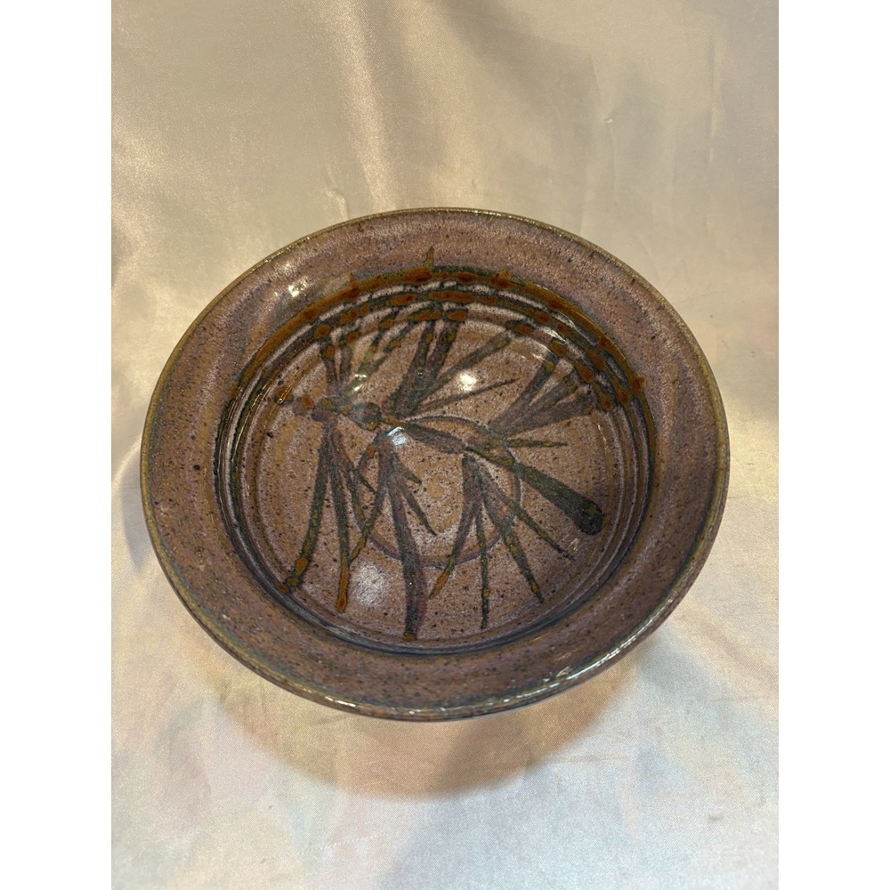 Handcrafted Studio Art Pottery Bowl Stoneware Abstract Signed 7" x 2.5" Handmade